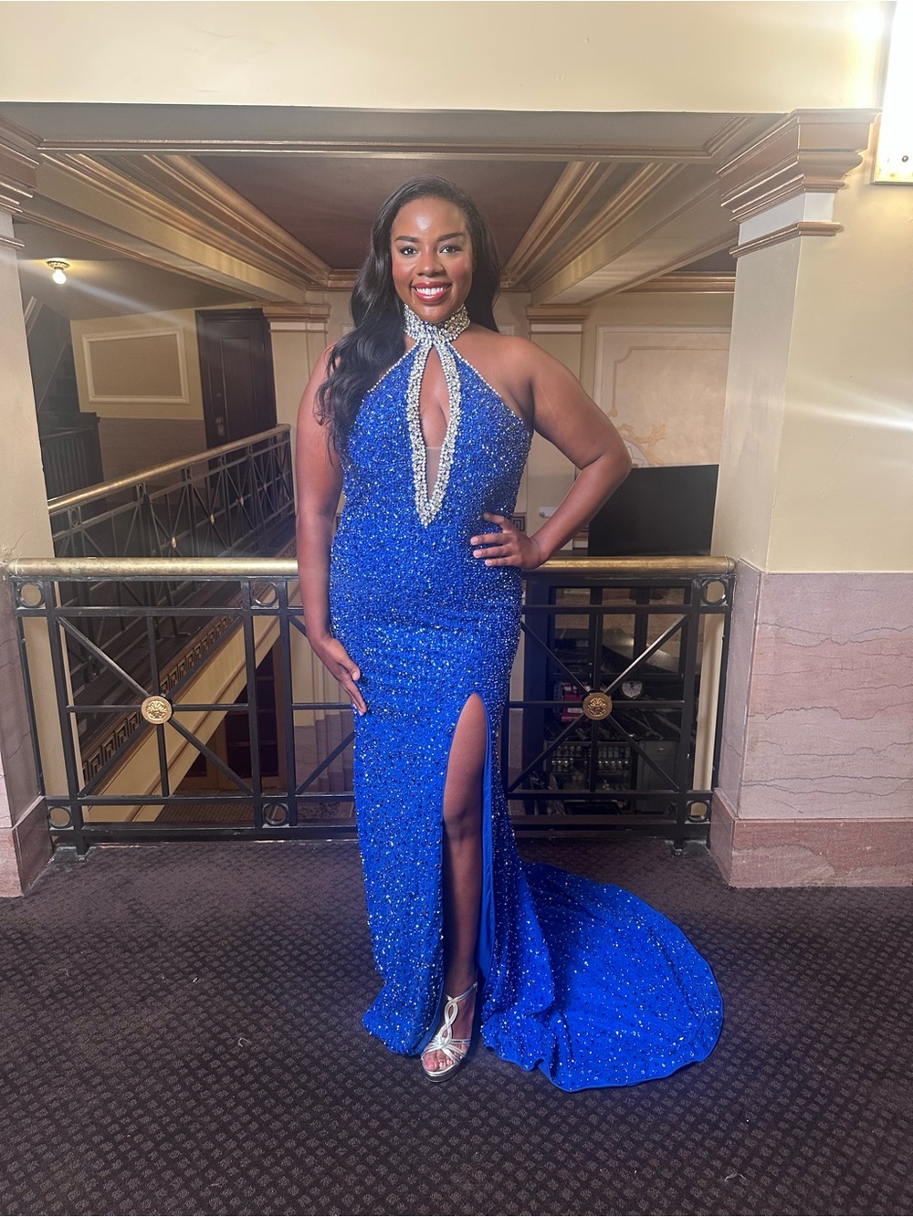 Elegant Royal Blue Sequin Halter Evening Dress